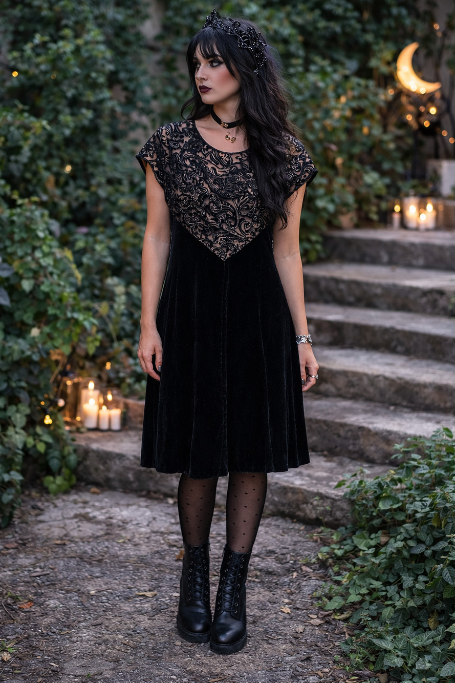 Vintage 90s Jeffrey & Dara Evenings Black Beaded Velvet Dress Sz 8 Whimsy Goth